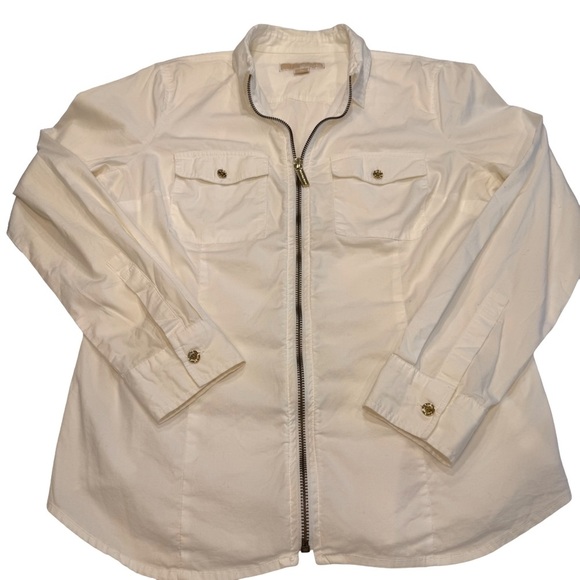 Michael Kors white full zip collared long sleeve top small stretch cotton Sz M - Picture 2 of 11